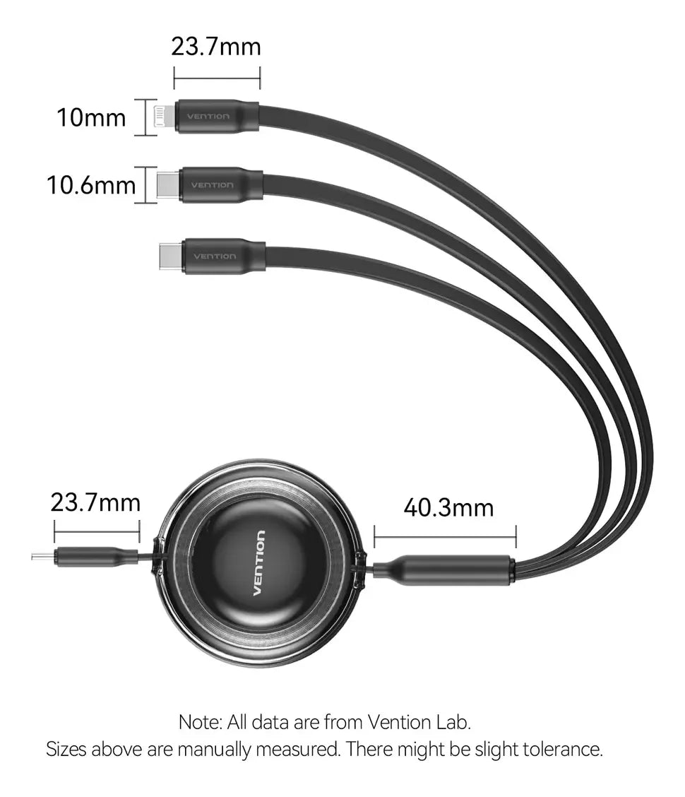 Cable Cargador Y Datos 3 En 1 Usb C 2,0 1,10 Metros Vention Negro