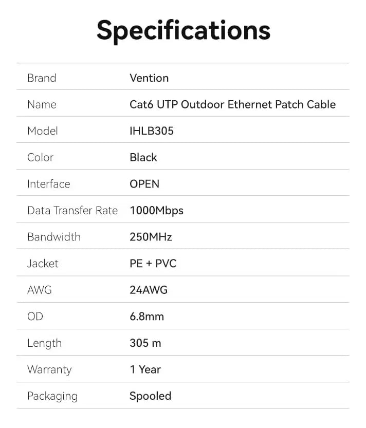 Cable De Red Cat6 305m Int/ext 100% Cobre Utp Negro Vention