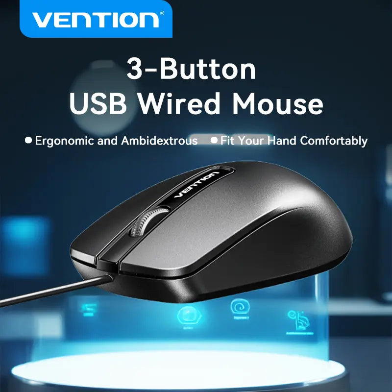 Mouse Optico Vention Usb Cable 1200 Dpi Oficina 1,5 Metros Negro