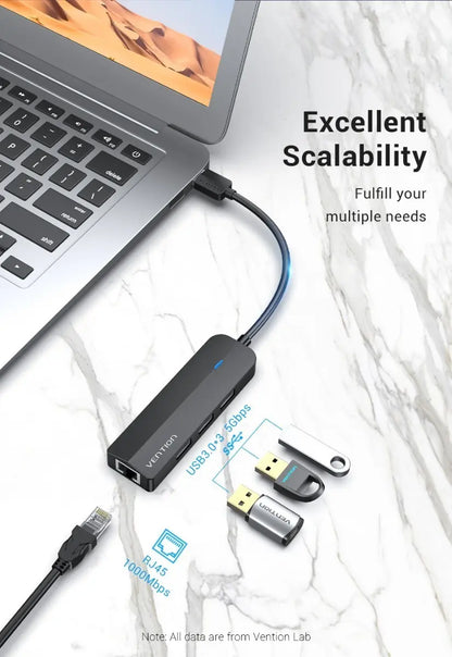 Hub Adaptador 3 Puertos Usb 3,0 + Red Lan Rj45 + Pd Vention Negro