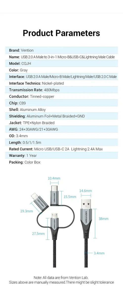 Cable Usb 3 En 1 Micro Usb + Usb C Lightning 1,5 M Vention Negro