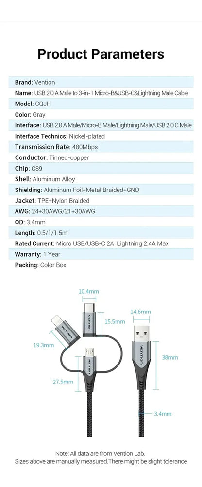 Cable Usb 3 En 1 Micro Usb + Usb C Lightning 1,5 M Vention Negro