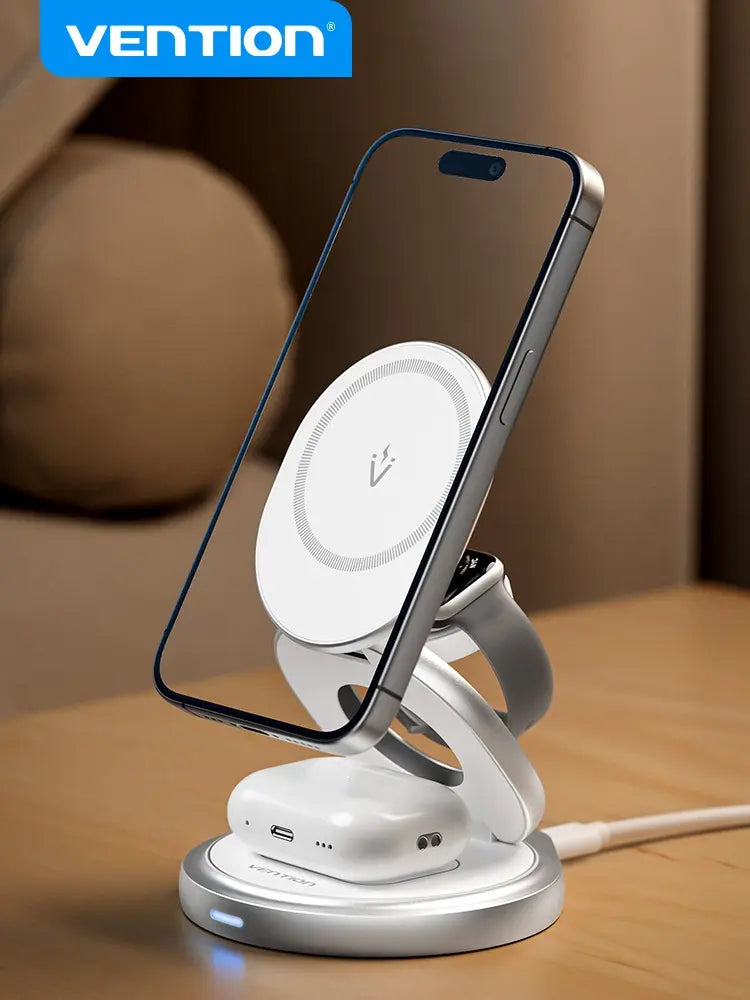 Cargador Inalámbrico 3 En 1 Qi Magsafe 15w Vention Universal Plateado