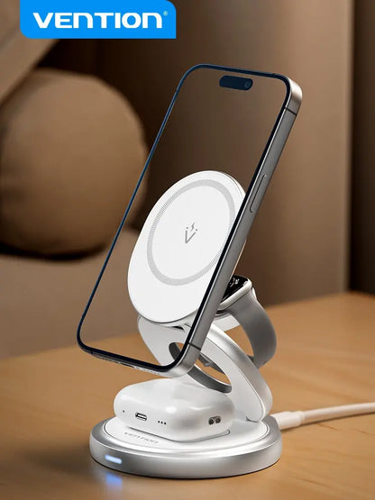 Cargador Inalámbrico 3 En 1 Qi Magsafe 15w Vention Universal Plateado