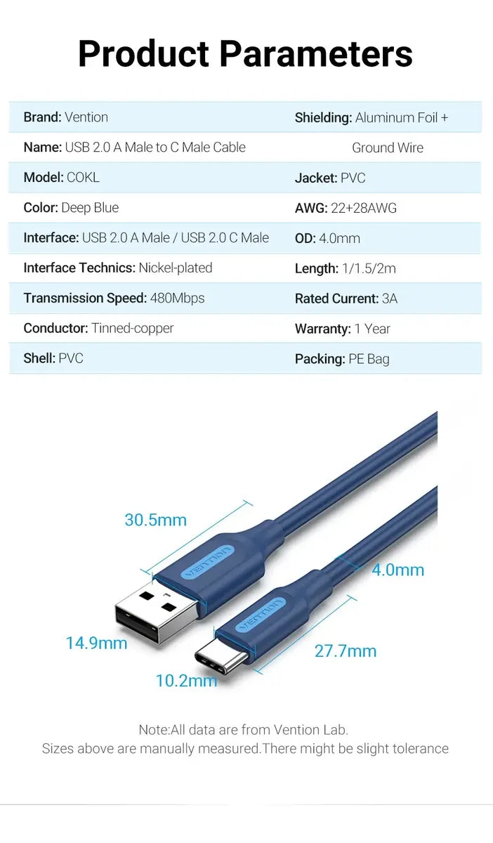 Cable De Carga De Celular Usb A Usb-c 2,0 3a 1m Azul Vention