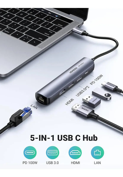 Hub Usb-c Multipuerto 5x1 Usb 3,0 Hdmi Rj45 Gigabit Ugreen