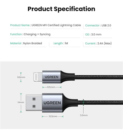 Cable Usb A Lightning Para iPhone Plateado 2,4a 2m Ugreen