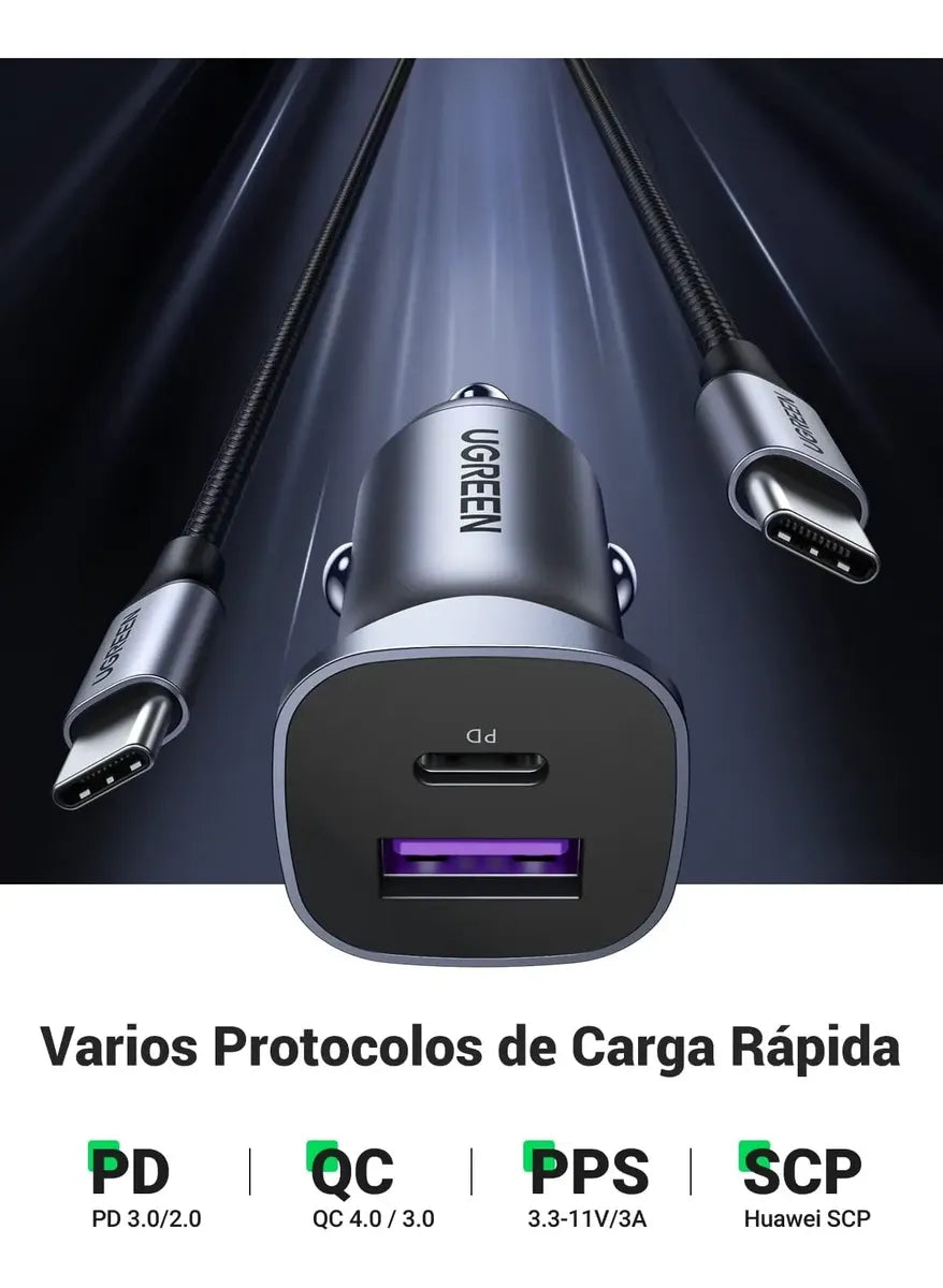 Cargador Auto Carga Rapida 2 Puertos Usb + Usb-c 30w Ugreen Gris