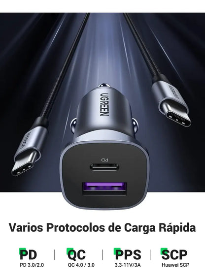 Cargador Auto Carga Rapida 2 Puertos Usb + Usb-c 30w Ugreen Gris