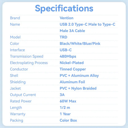 Cable Usb C Carga Y Datos 3a 60w 2 Metros Aluminio Vention