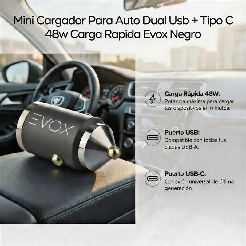 Cargador Para Auto Dual Usb + Tipo C 48w Carga Rapida Evox Negro