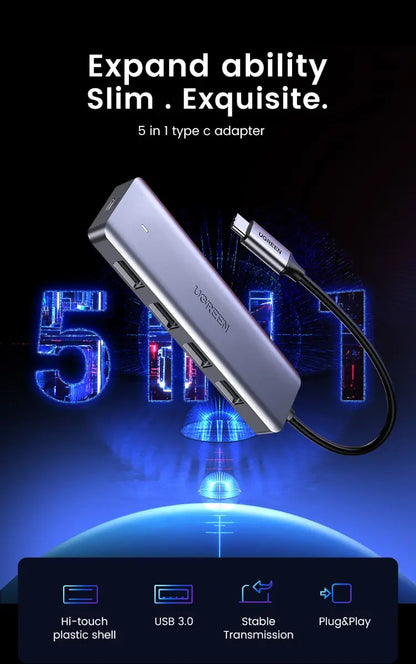 Hub Multipuerto Usb-c - 5 En 1 - Usb 3,0 X4 Pd 5v Ugreen Plateado