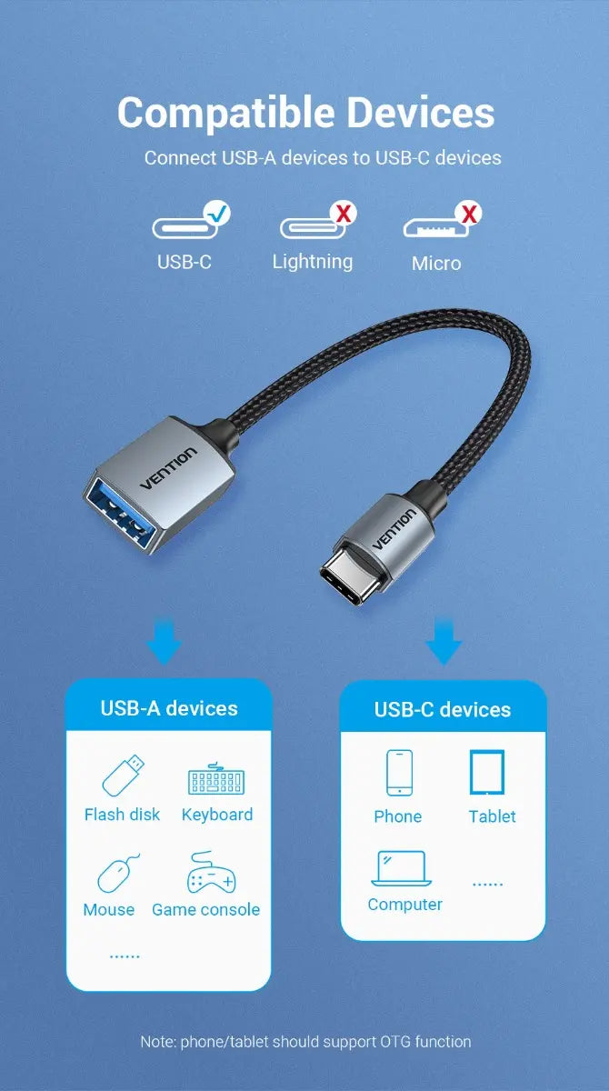Adaptador Usb C A Usb Hembra 3,0 Otg Pc / Celular Vention Negro