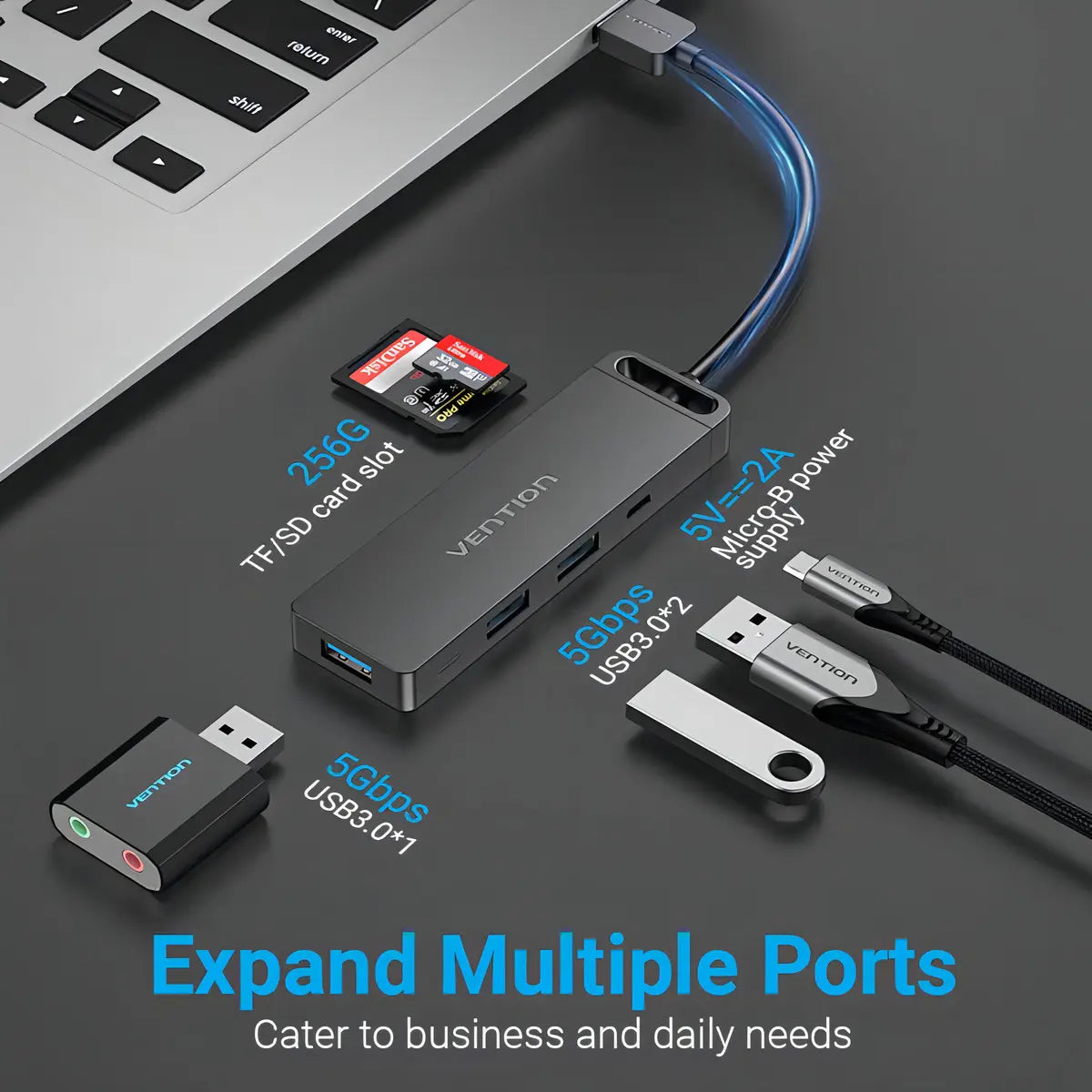 Hub Multipuerto Usb 3,0 6 En 1 Tf Sd 15 Cm Vention Negro