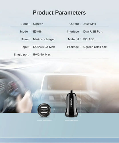Cargador Auto Carga Rapida Usb X2 2,4a 5v Compacto Ugreen Negro