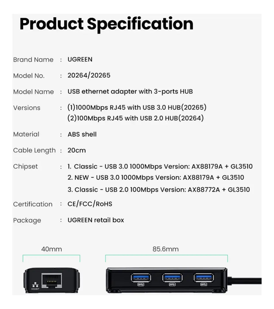 Hub Multipuerto 4 Usb 3,0 + Red Rj45 1000 Mbps Ugreen