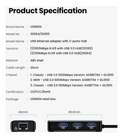 Hub Multipuerto 4 Usb 3,0 + Red Rj45 1000 Mbps Ugreen