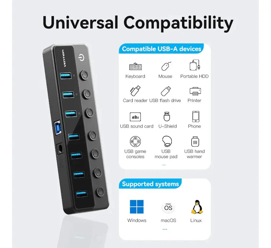 Hub Usb 3,0 7 En 1 Con Switch Encendido Con Fuente Vention Negro