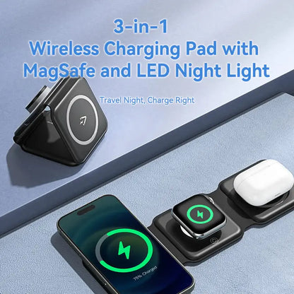 Estacion De Carga 3 En 1 Inalambrica Magsafe Led 15w Vention Negro