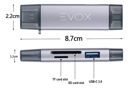 Lector Memorias Usb 3,0 Micro Usb C Sd Sdhc Tf 3 En 1 Evox Plateado