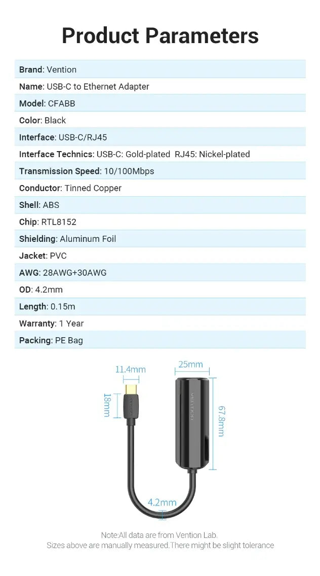 Adaptador Usb-c A Red Rj45 Ethernet Lan 100mbps Vention