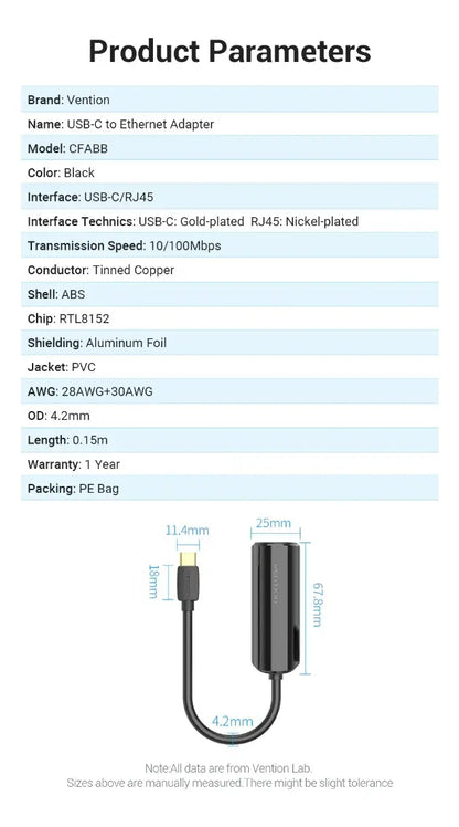 Adaptador Usb-c A Red Rj45 Ethernet Lan 100mbps Vention