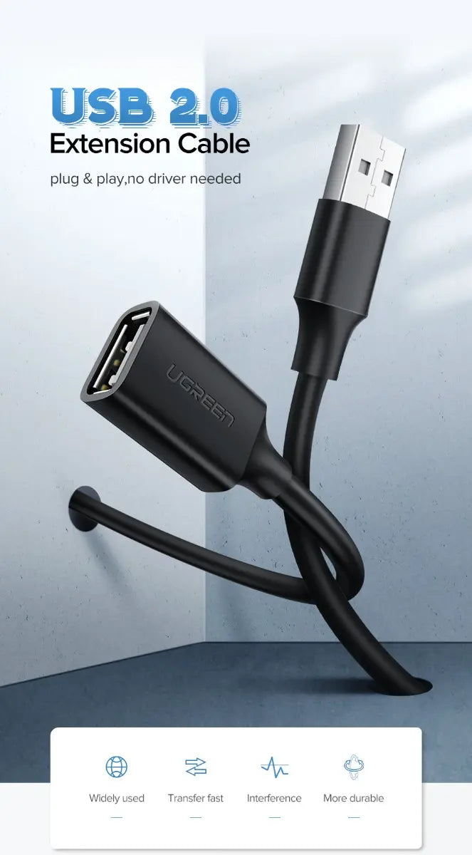 Cable Extensor Ugreen Premium Usb 2,0 Macho A Hembra 0,5m - Negro