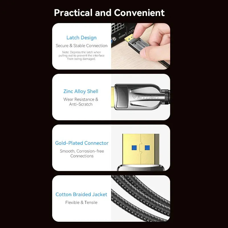 Cable Displayport 2,1 16k 2m Negro Vention Hgabh