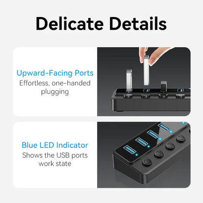 Hub Usb 3,0 7 En 1 Con Switch Encendido Con Fuente Vention Negro