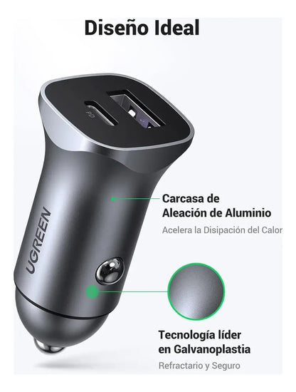 Cargador Auto Carga Rapida 2 Puertos Usb + Usb-c 30w Ugreen Gris