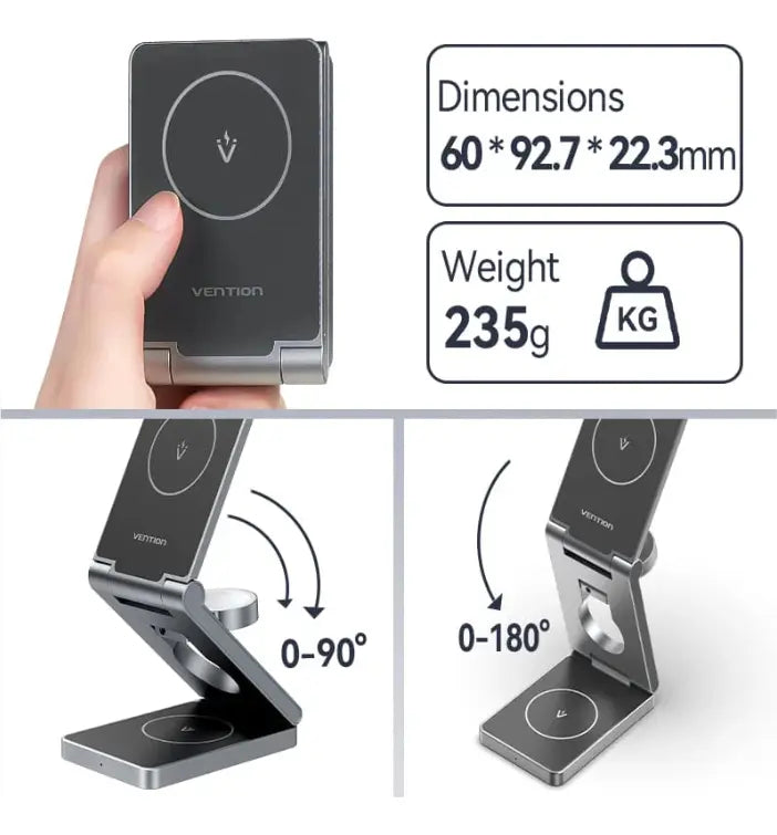 Cargador Inalámbrico 3 En 1 15 W Con Magsafe Gris Vention Gris