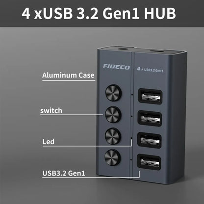 Hub Multipuerto Usb 3,1 A Usb 3,0 4 En 1 5gbps Fideco Negro