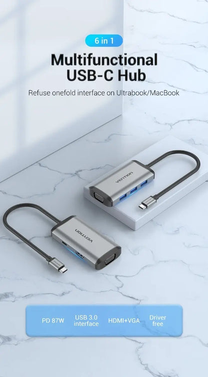 Hub Multipuerto 6 En 1 Usb C Vga Hdmi Usb 3,0 X3 Vention Gris