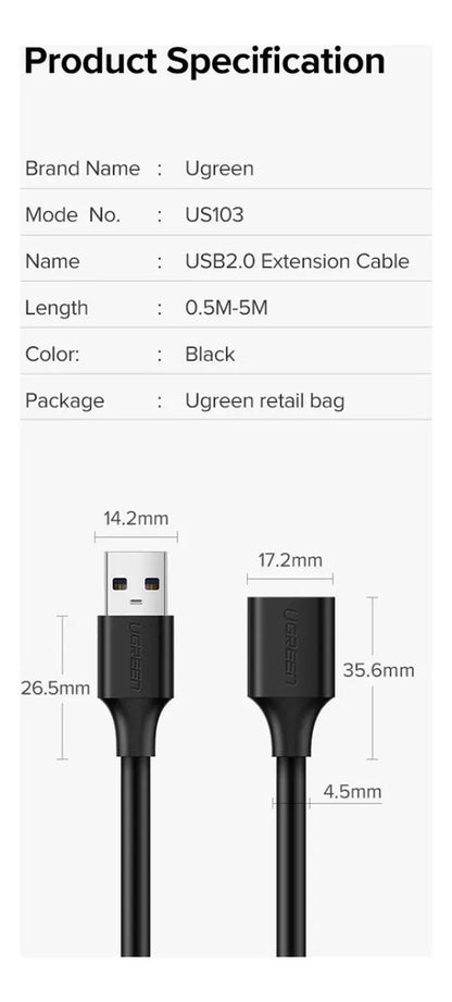 Cable Extensor Ugreen Premium Usb 2,0 Macho A Hembra 0,5m - Negro