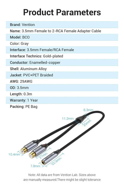 Cable Audio Jack 3,5 Miniplug Hembra A Rca Hembra Vention