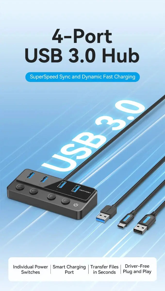 Hub Usb 3,0 4 Puertos Switch De Encendido 5gbps Vention Negro