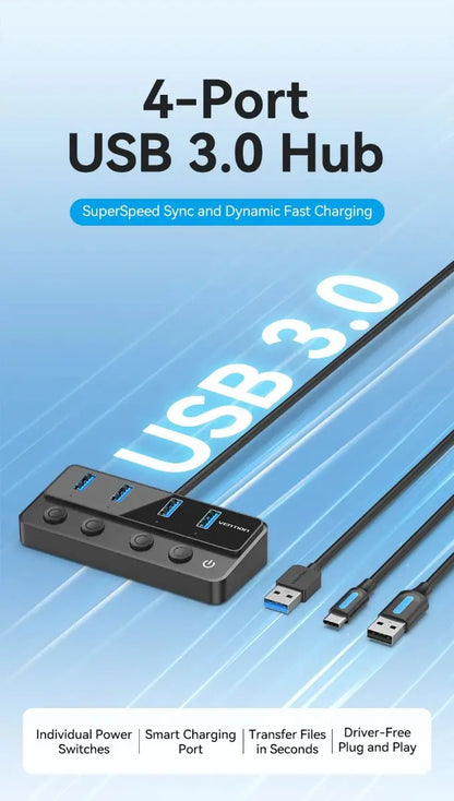 Hub Usb 3,0 4 Puertos Switch De Encendido 5gbps Vention Negro