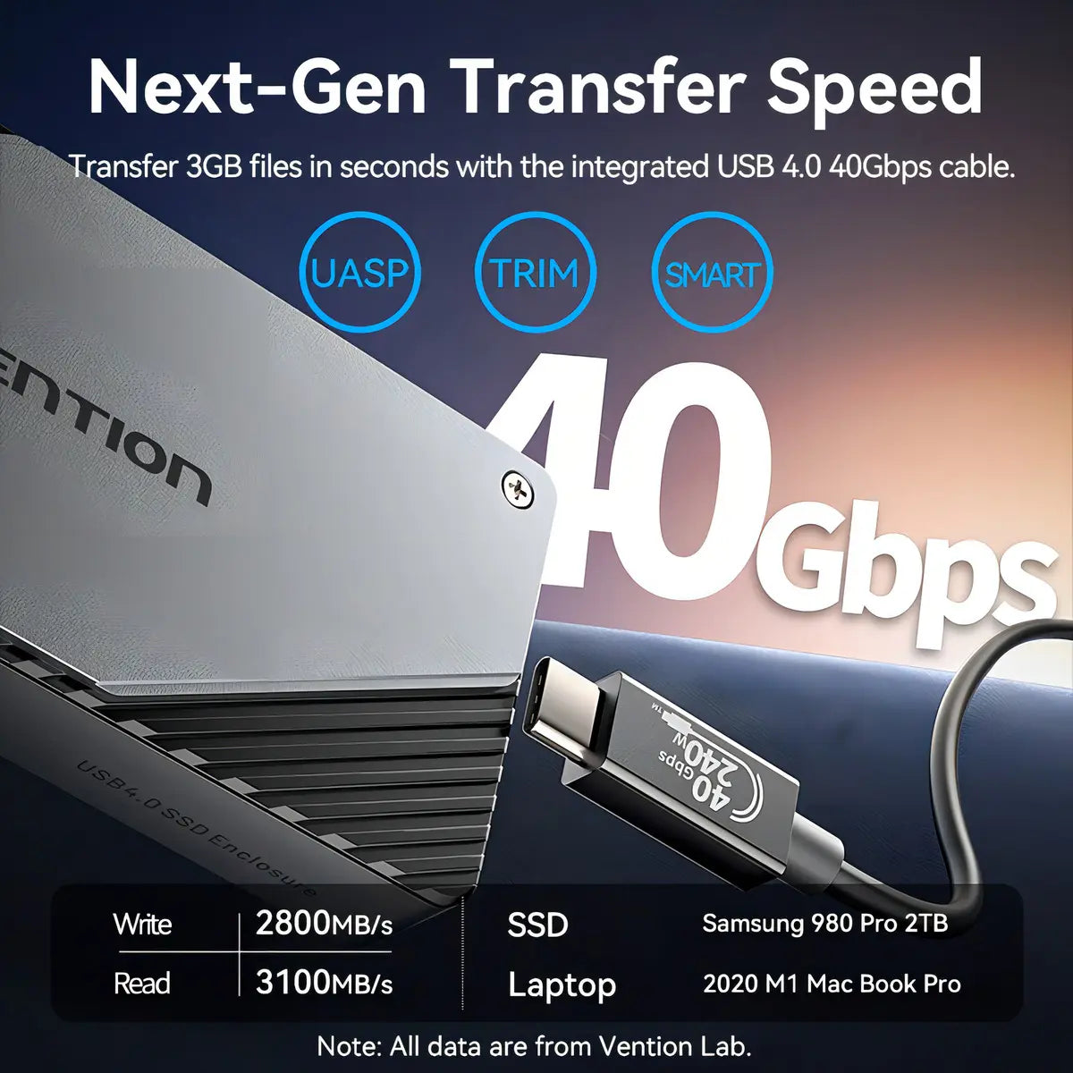 Carry Disk Case Usb 4,0 M2 Nvme Ssd 40 Gbps Vention Negro