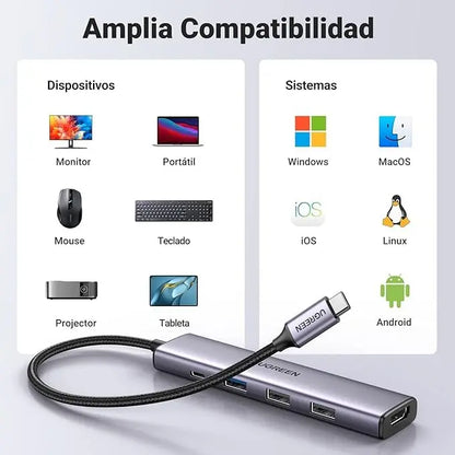 Hub Multipuerto Usb C 5 En 1 Usb 3,0 Hdmi 4k 100w Ugreen Gris Oscuro