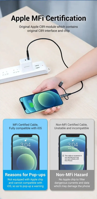Cable Usb 3 En 1 Micro Usb + Usb C Lightning 1,5 M Vention Negro
