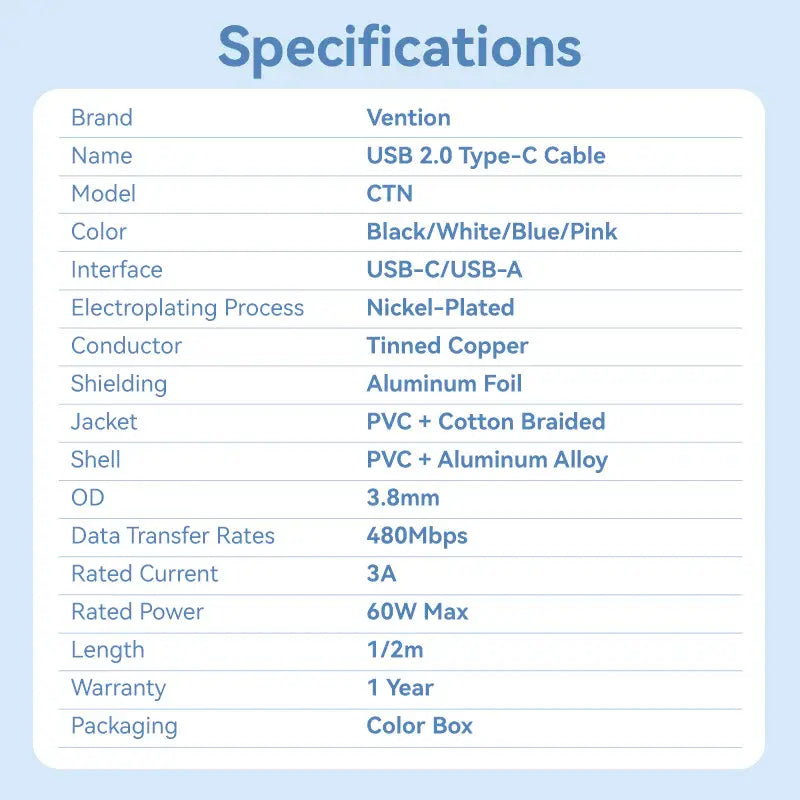 Cable Usb 2,0 A Usb C 3a 60w 480mbps 1 Metro Vention Negro