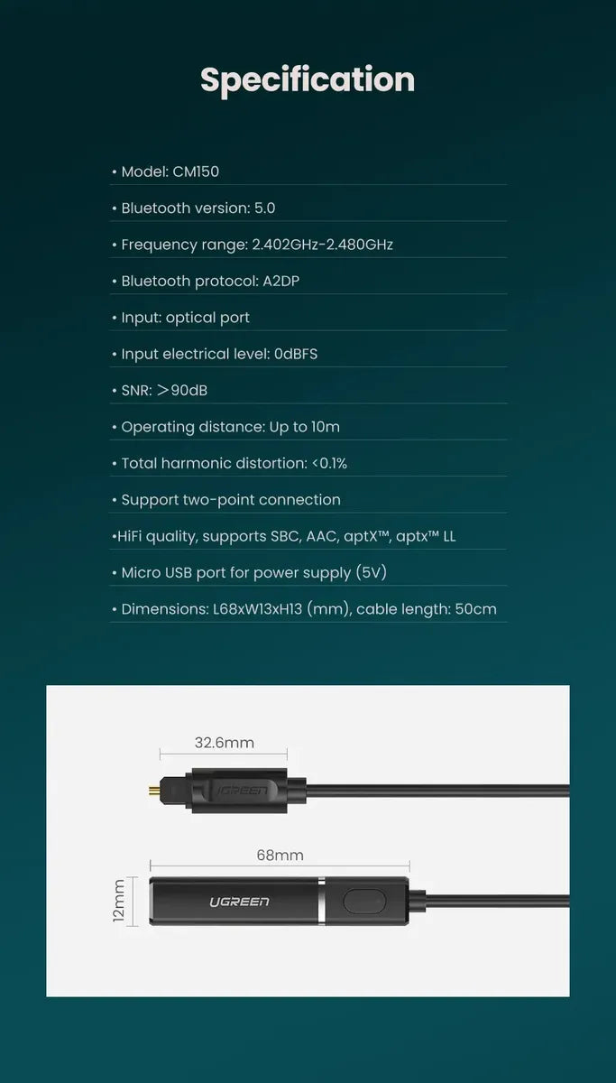 Emisor Transmisor Bluetooth 5,0 Cable Optico Audio Ugreen