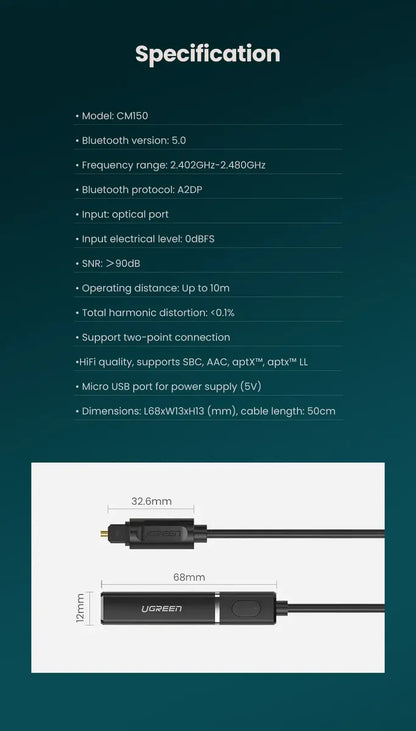 Emisor Transmisor Bluetooth 5,0 Cable Optico Audio Ugreen