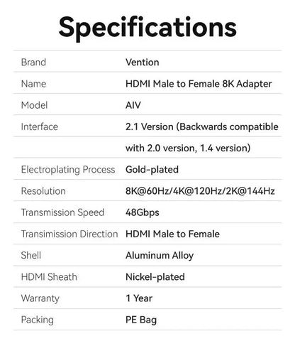Adaptador Union Hdmi 8k 2,1 Hembra A Macho Extensor Vention