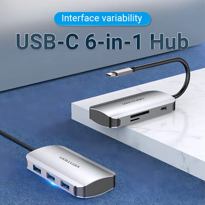 Hub Multipuerto 6 En 1 Usb-c Lectora De Tarjeta Sd Vention Gris