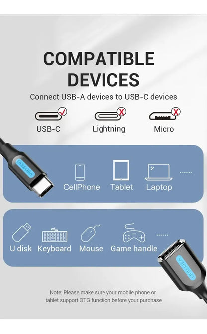 Cable Adaptador Usb Tipo C A Usb Otg Hembra Celular Vention Negro