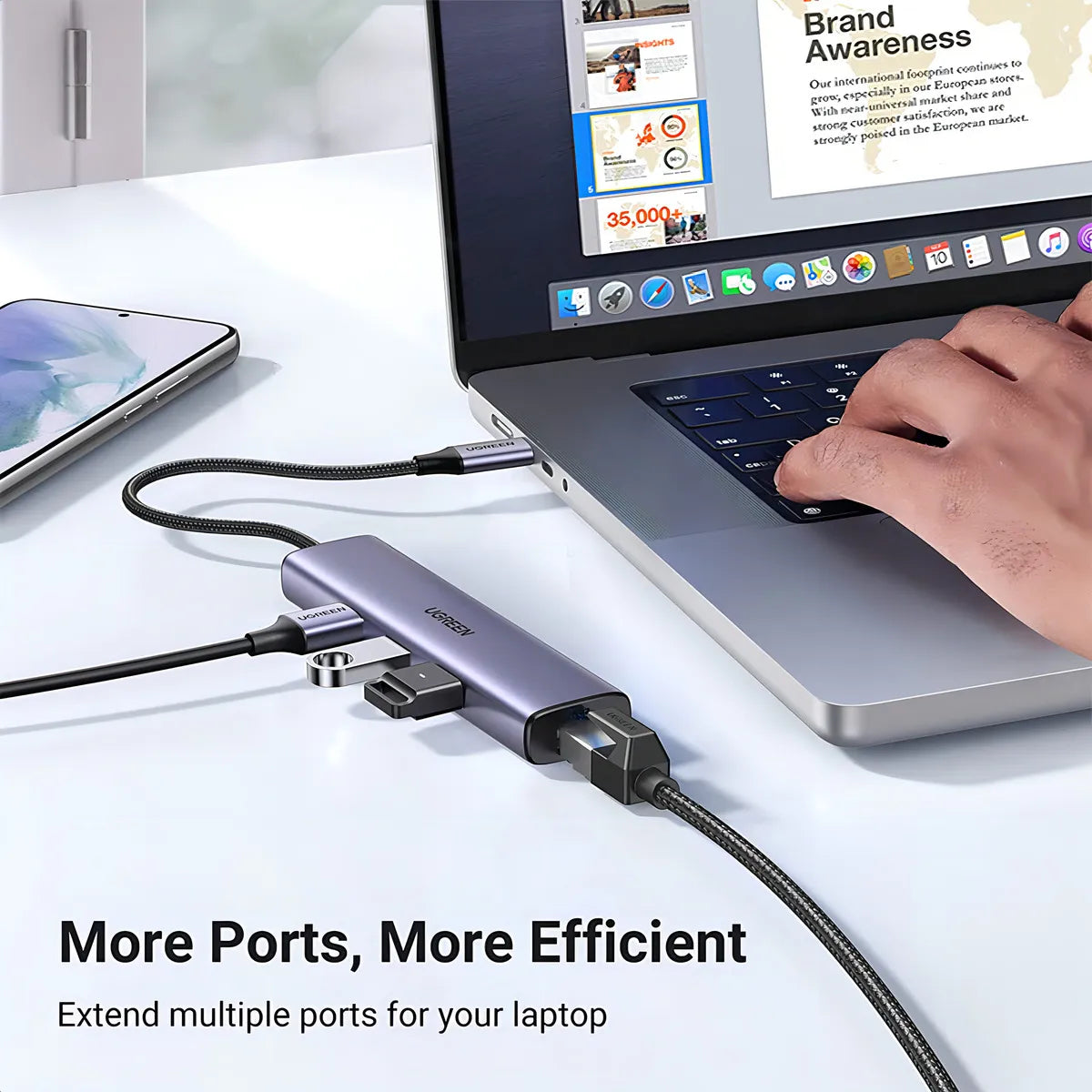 Hub Multipuerto 4 En 1 Usb-c A Usb 3,0 Rj45 Adaptador Ugreen Gris