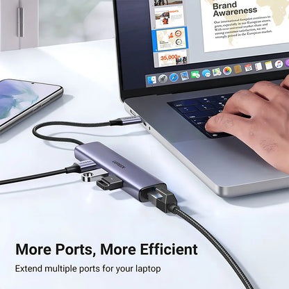 Hub Multipuerto 4 En 1 Usb-c A Usb 3,0 Rj45 Adaptador Ugreen Gris