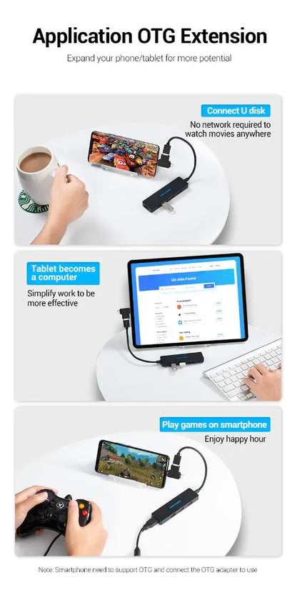 Hub Adaptador Multipuerto 4 En 1 Usb 3,0 Vention Negro