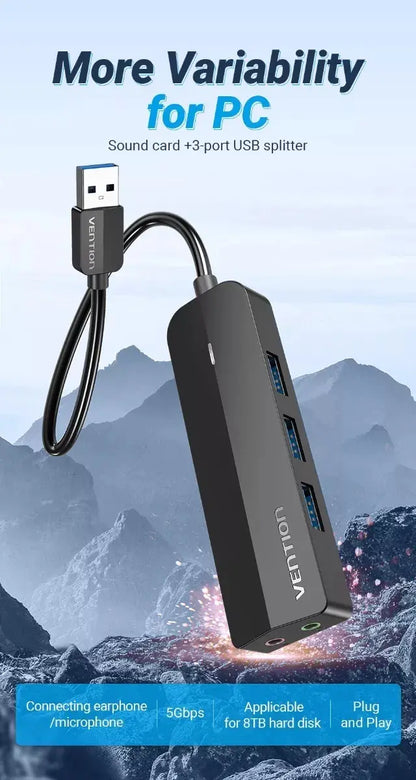 Hub Multipuerto 3 Puertos Usb 3,0 Tarjeta De Sonido Vention Negro